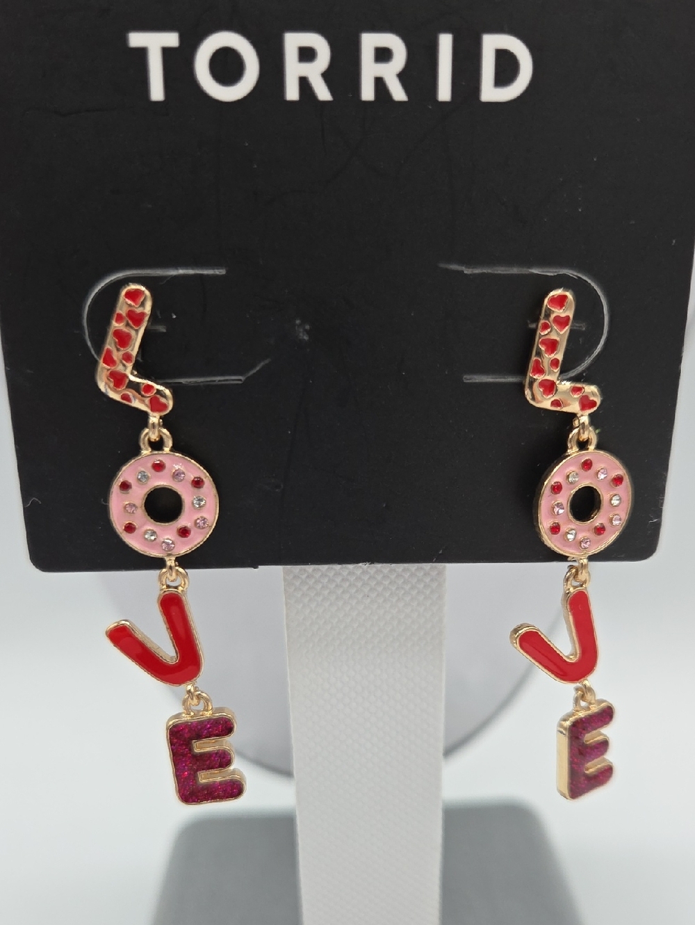 5 for $25! Torrid Pink and Red 'LOVE' Drop Earrings with Gold Accents